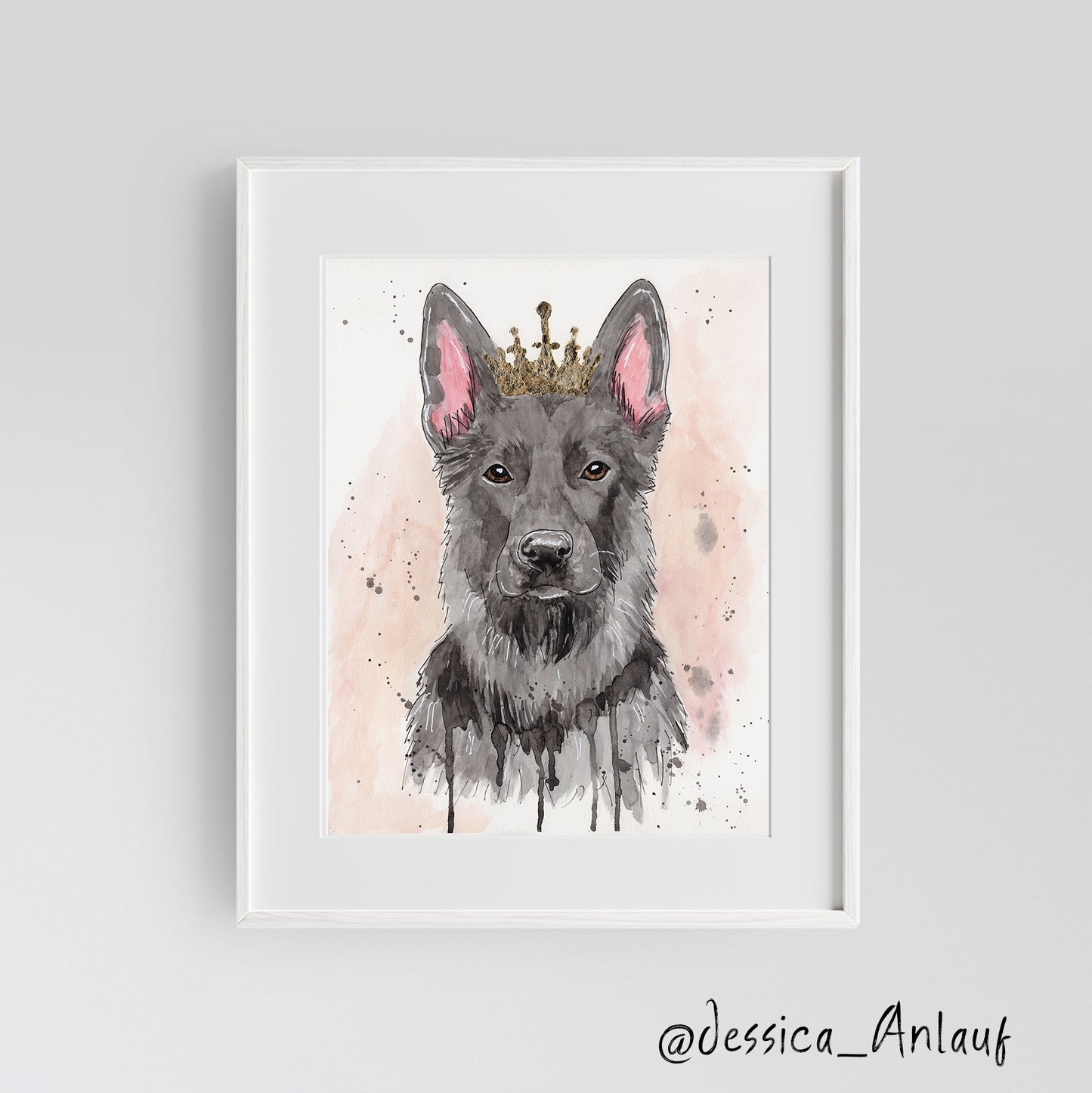 9x12 German Shepherd Queen with Gold Leaf Crown (watercolor)