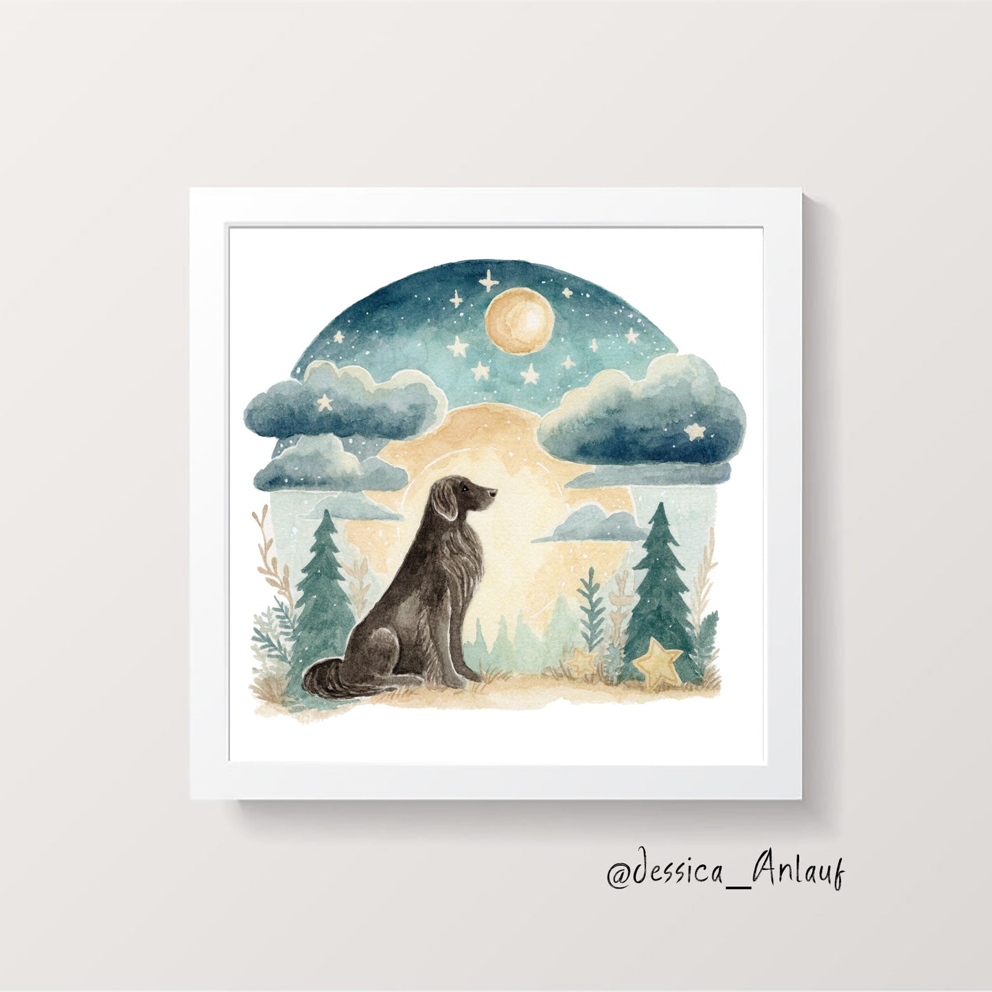 8x8 & 12x12 Watercolor - Flat-Coated Retriever