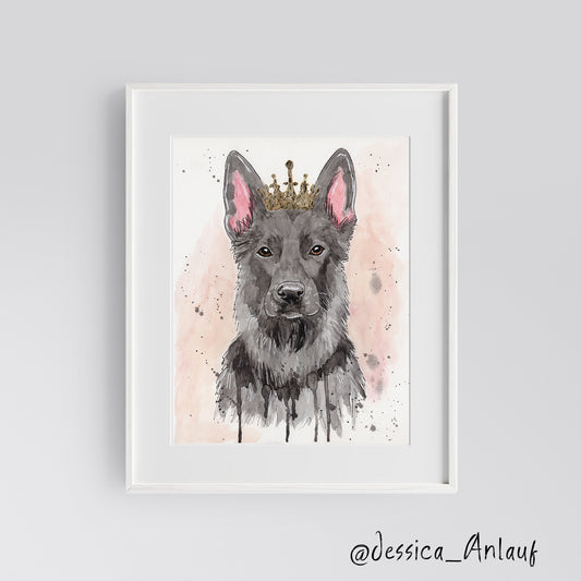 9x12 German Shepherd Queen with Gold Leaf Crown (watercolor)