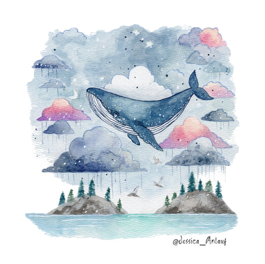 8x8 & 12x12 Watercolor - Whale with clouds