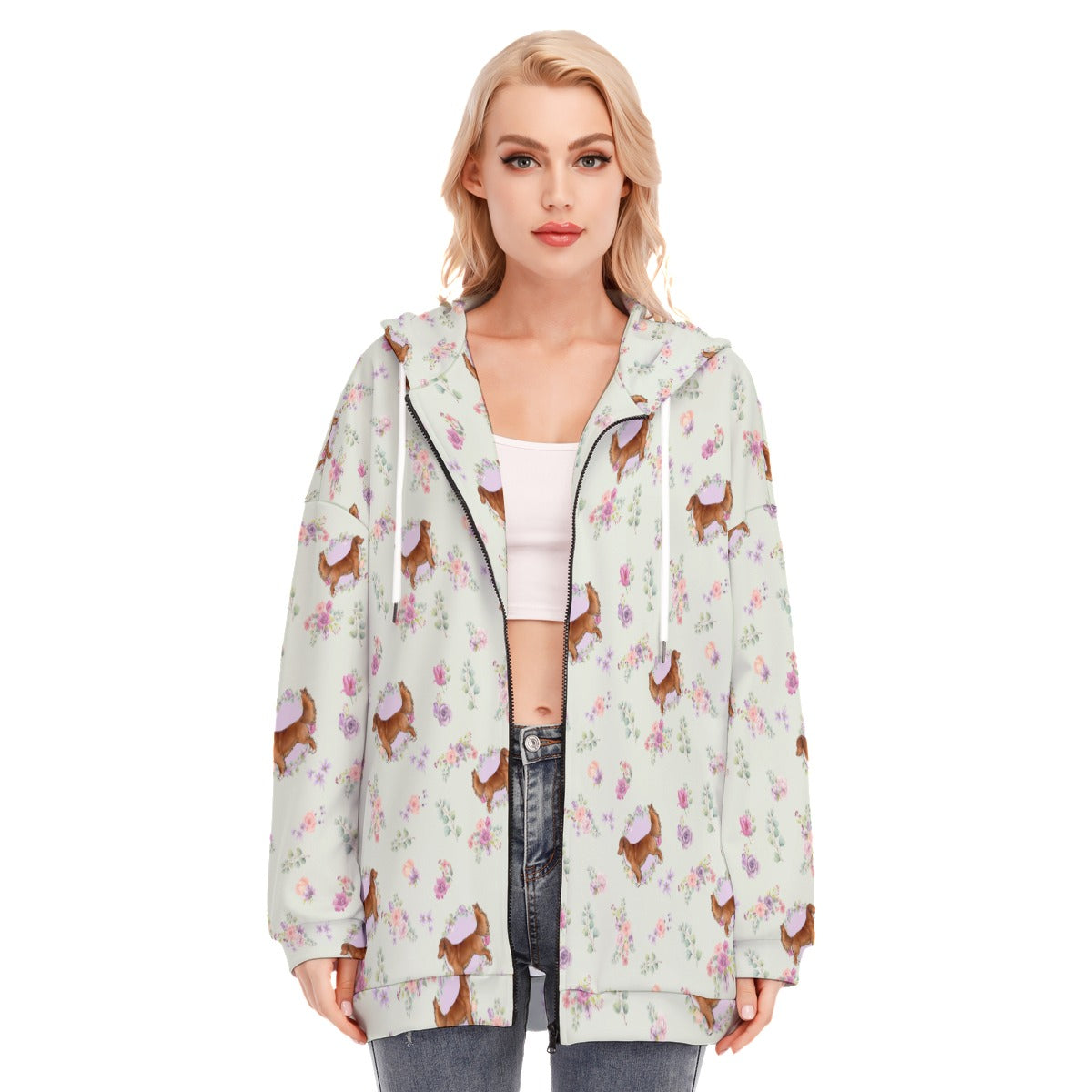 All-Over Print Women's Long Hoodie With Zipper Closure