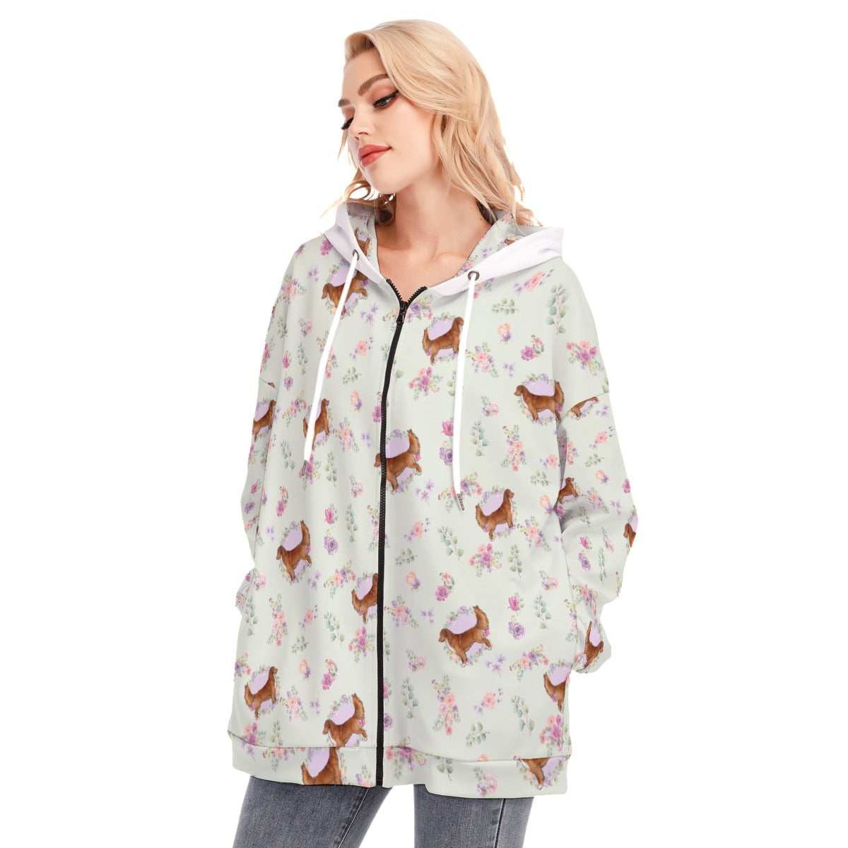 All-Over Print Women's Long Hoodie With Zipper Closure
